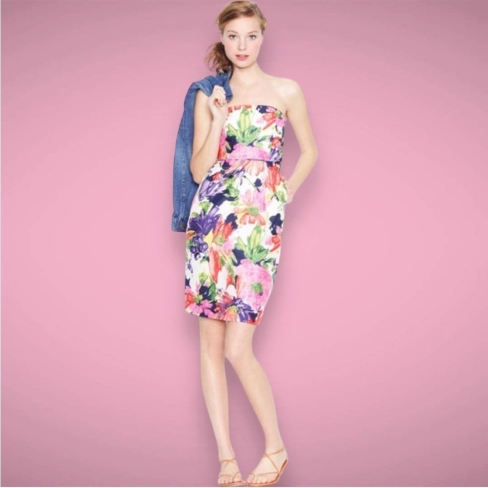 J Crew Ella 100% Silk Strapless Mini Dress w/Pockets, Garden Floral, Size 6